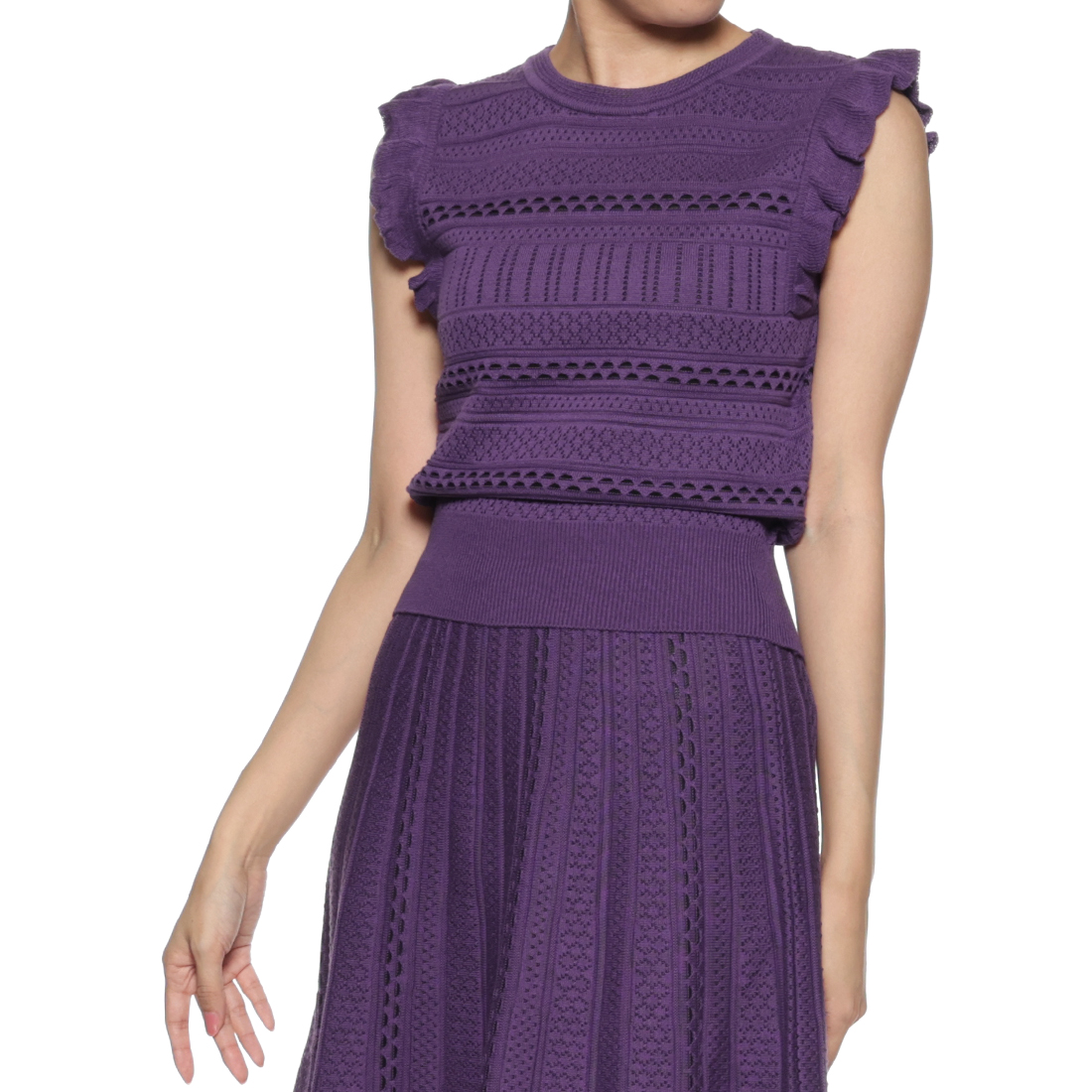 セットアップ フリルスリーブ ジャカードニットプルオーバー