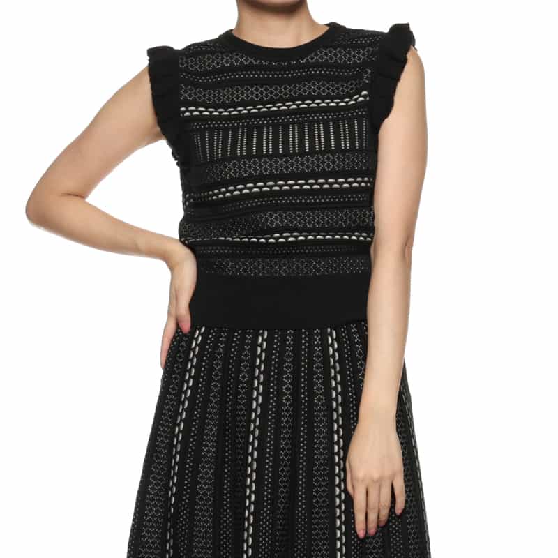 BARNEYS NEW YORK セットアップ フリルスリーブ ジャカードニットプルオーバー BLACK