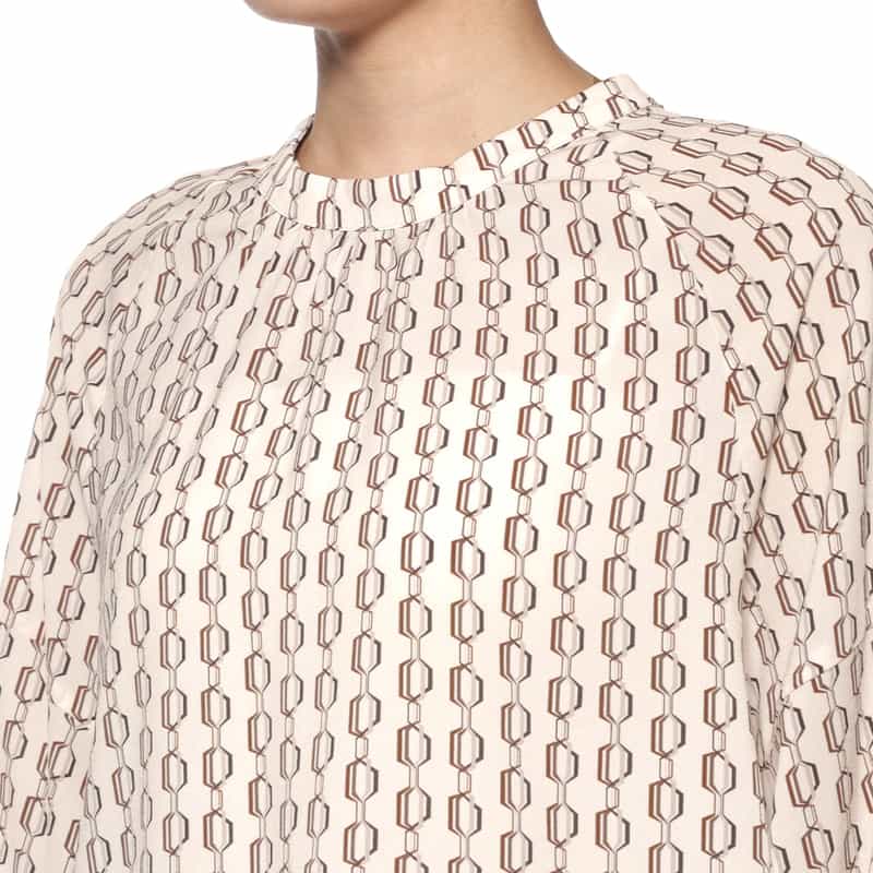 BARNEYS NEW YORK ウォッシャブル ランダムタックスリーブ プリントブラウス OFF WHITE