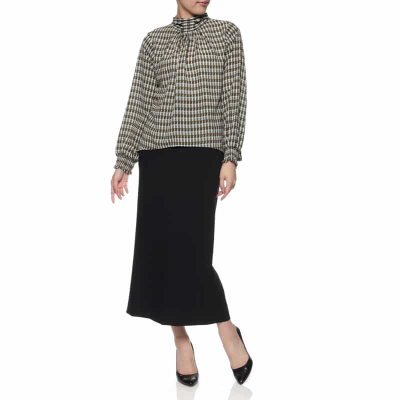 BARNEYS NEW YORK ウォッシャブル バックリボン プリントブラウス BROWN