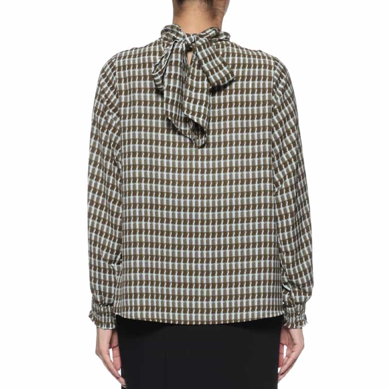 BARNEYS NEW YORK ウォッシャブル バックリボン プリントブラウス BROWN