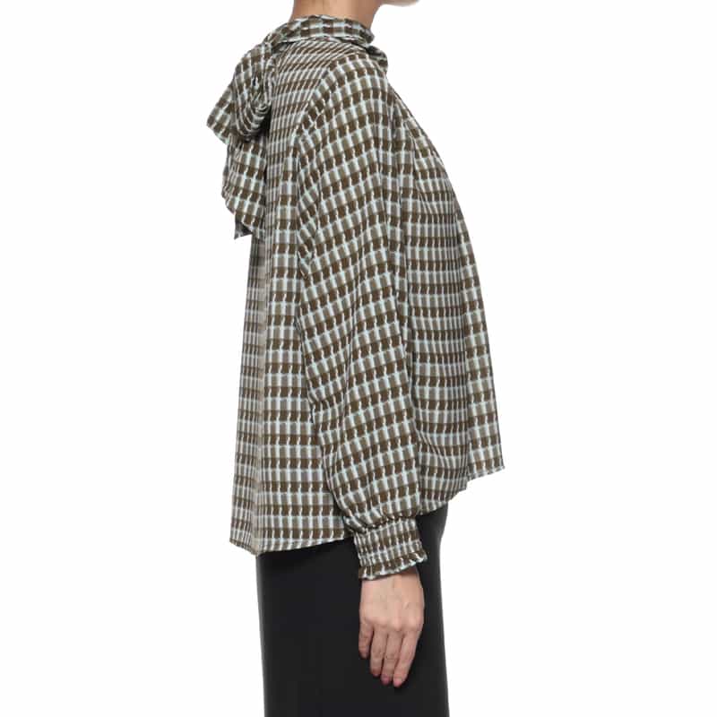 BARNEYS NEW YORK ウォッシャブル バックリボン プリントブラウス BROWN