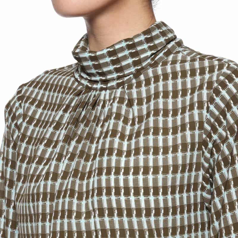 BARNEYS NEW YORK ウォッシャブル バックリボン プリントブラウス BROWN