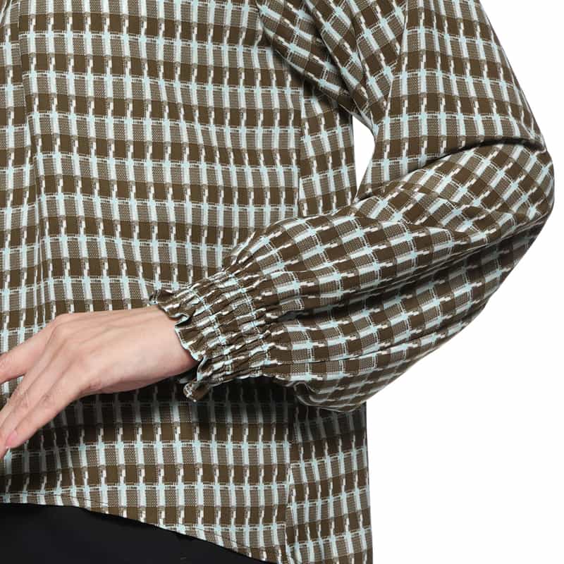 BARNEYS NEW YORK ウォッシャブル バックリボン プリントブラウス BROWN