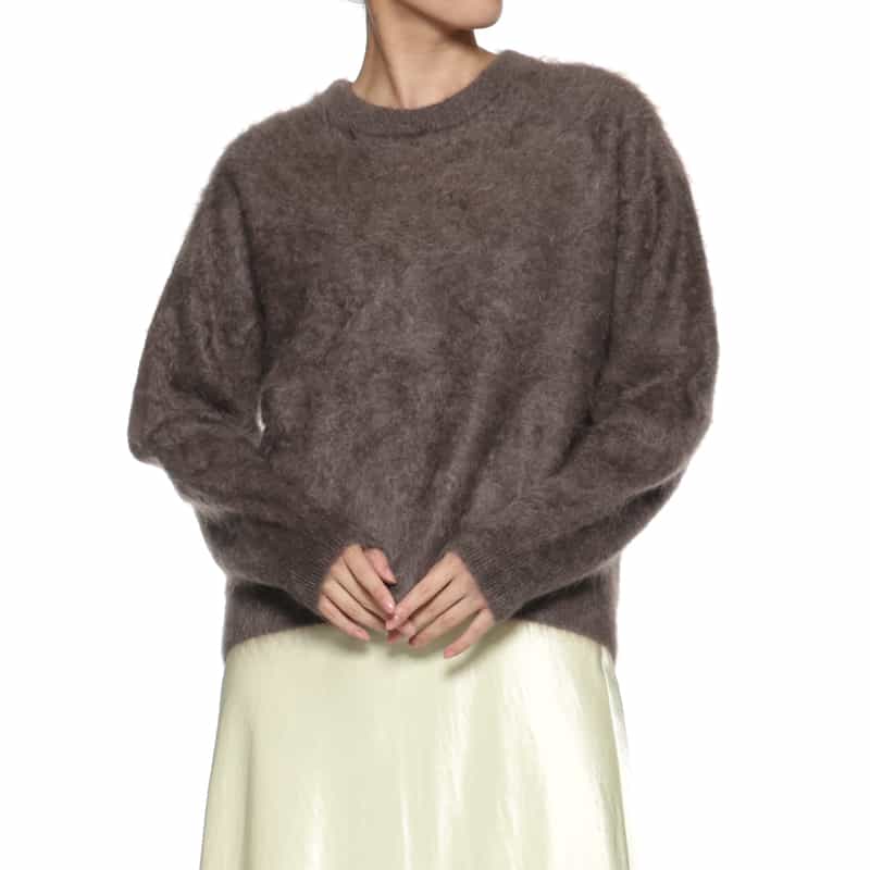 BARNEYS NEW YORK カシミヤ ファー加工クルーネックニットプルオーバー BROWN