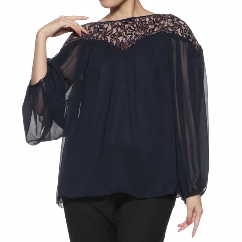 BARNEYS NEW YORK 異素材コンビネーション シアーブラウス （インナーキャミソール付き） NAVY