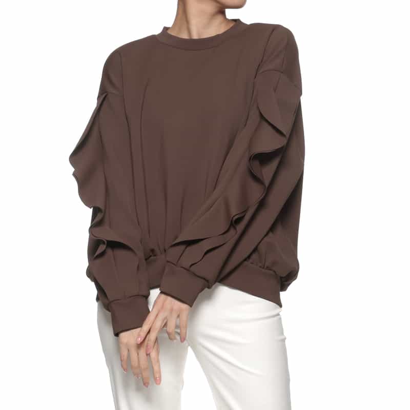 BARNEYS NEW YORK ウォッシャブル スクーバ素材 フリルスリーブ プルオーバー BROWN