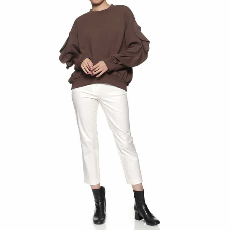 BARNEYS NEW YORK ウォッシャブル スクーバ素材 フリルスリーブ プルオーバー BROWN