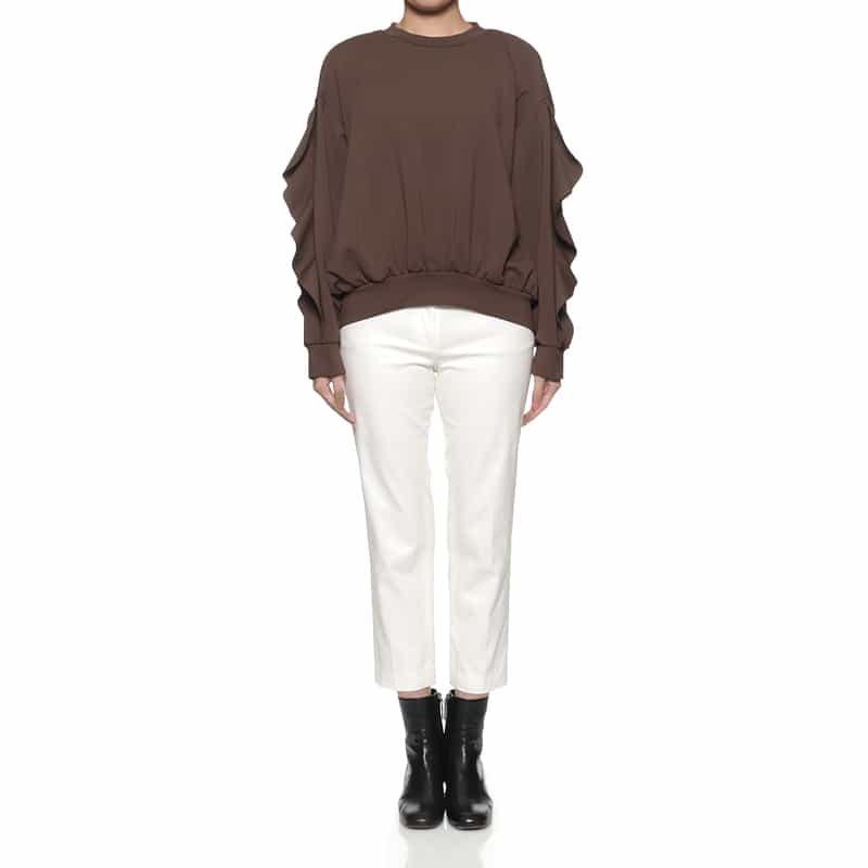 BARNEYS NEW YORK ウォッシャブル スクーバ素材 フリルスリーブ プルオーバー BROWN