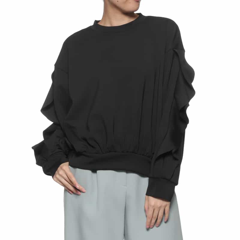 BARNEYS NEW YORK ウォッシャブル スクーバ素材 フリルスリーブ プルオーバー BLACK