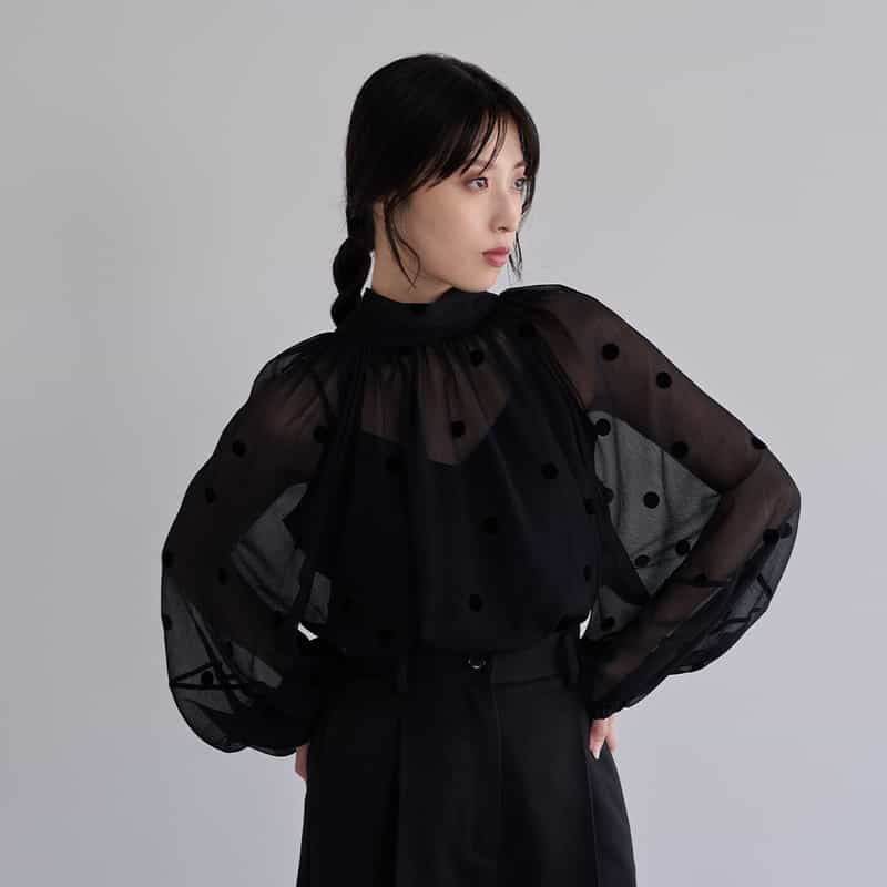 BARNEYS NEW YORK ウォッシャブル シアーボウタイブラウス（インナーキャミソール付き） BLACK