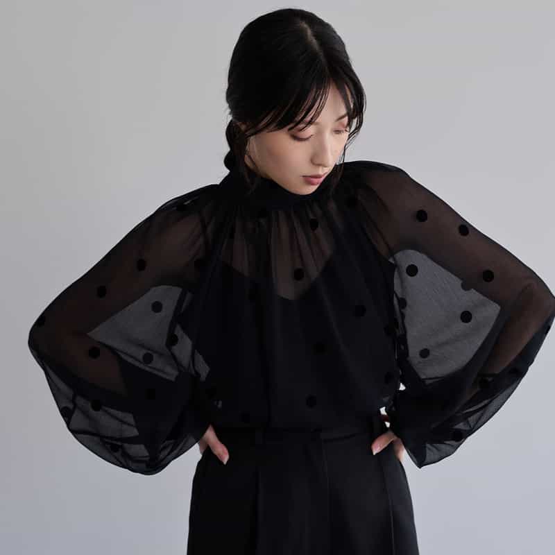 BARNEYS NEW YORK ウォッシャブル シアーボウタイブラウス（インナーキャミソール付き） BLACK