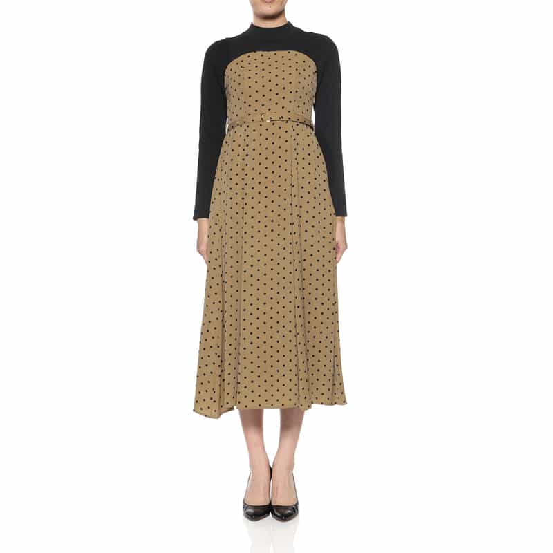 BARNEYS NEW YORK ウォッシャブル 異素材コンビネーションドット柄ドレス BROWN