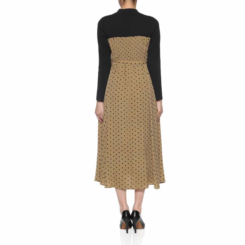 BARNEYS NEW YORK ウォッシャブル 異素材コンビネーションドット柄ドレス BROWN