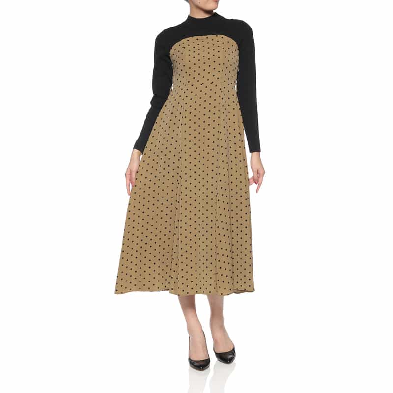 BARNEYS NEW YORK ウォッシャブル 異素材コンビネーションドット柄ドレス BROWN
