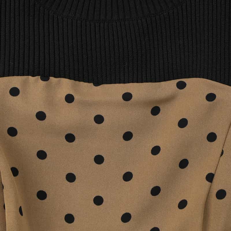 BARNEYS NEW YORK ウォッシャブル 異素材コンビネーションドット柄ドレス BROWN