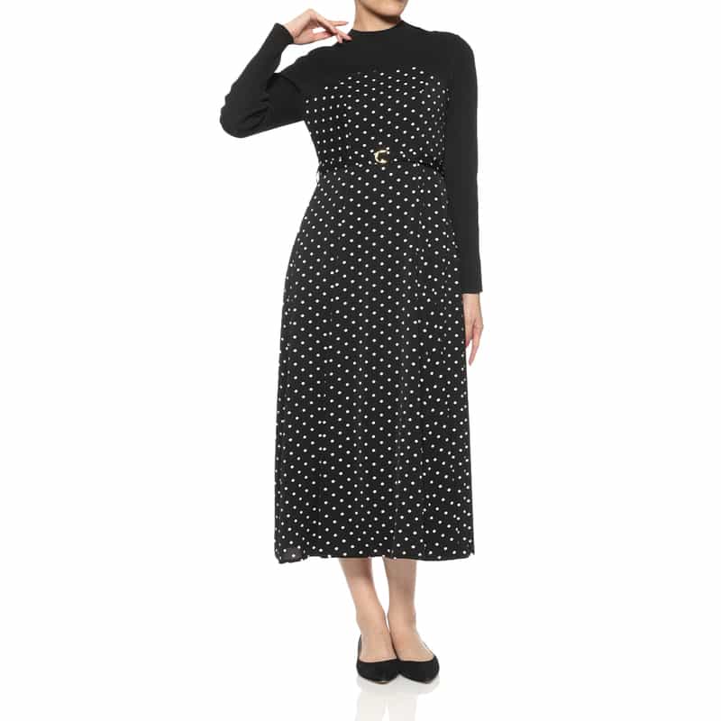 ウォッシャブル 異素材コンビネーションドット柄ドレス