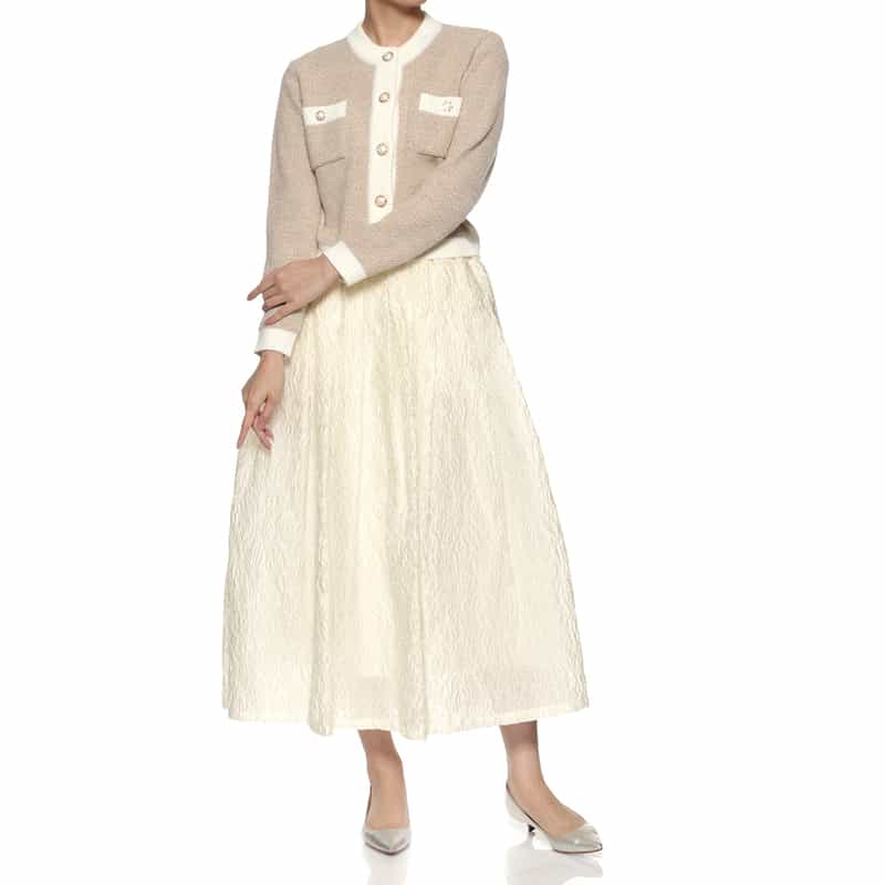 BARNEYS NEW YORK ウォッシャブル ジャカード素材 シャイニータックフレア スカート WHITE