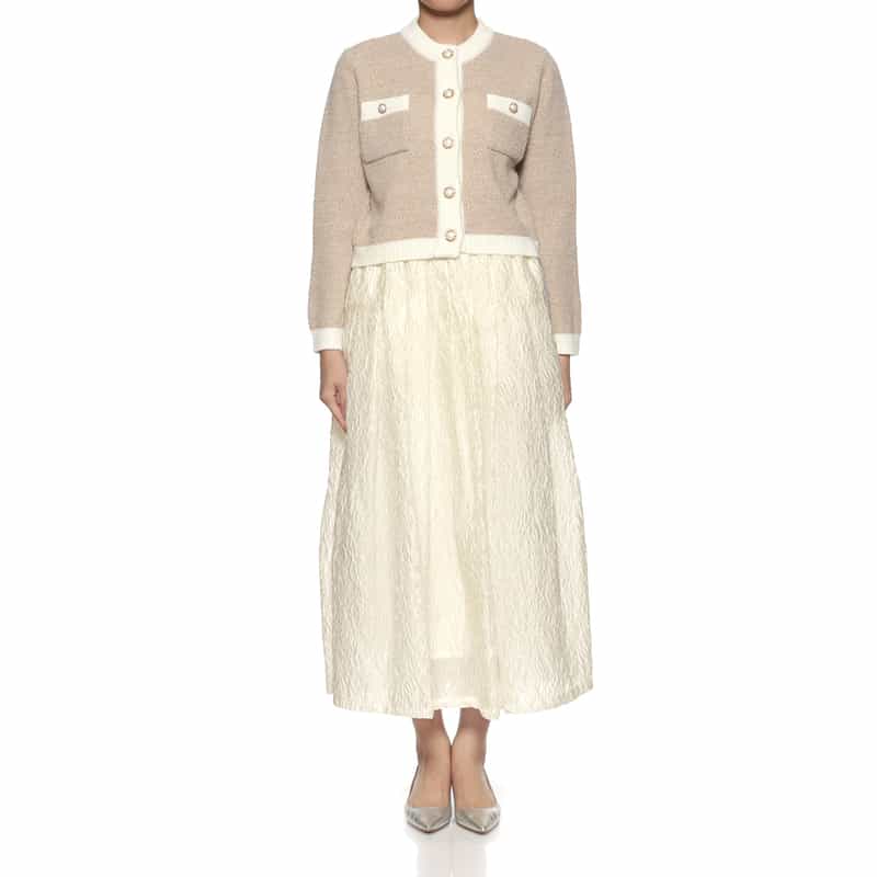 BARNEYS NEW YORK ウォッシャブル ジャカード素材 シャイニータックフレア スカート WHITE