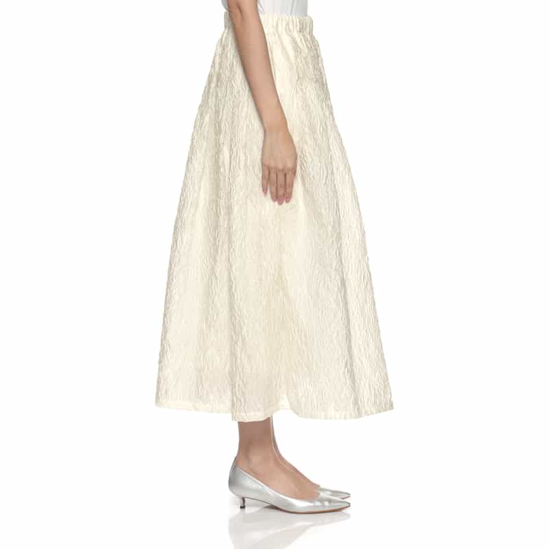 BARNEYS NEW YORK ウォッシャブル ジャカード素材 シャイニータックフレア スカート WHITE