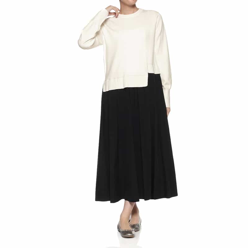 BARNEYS NEW YORK ニット×布帛 コンビネーション アシンメトリーデザインドレス WHITE