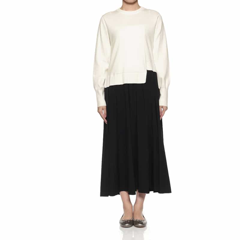BARNEYS NEW YORK ニット×布帛 コンビネーション アシンメトリーデザインドレス WHITE