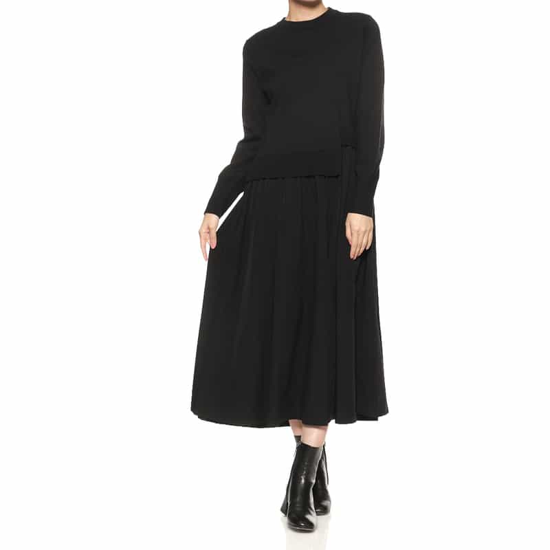 BARNEYS NEW YORK ニット×布帛 コンビネーション アシンメトリーデザインドレス BLACK