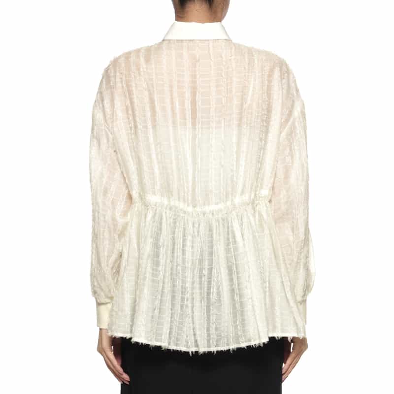 BARNEYS NEW YORK ウォッシャブル フレアシャギー素材ギャザーブラウス WHITE