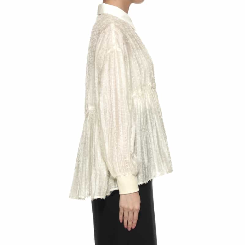 BARNEYS NEW YORK ウォッシャブル フレアシャギー素材ギャザーブラウス WHITE