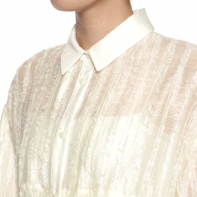 BARNEYS NEW YORK ウォッシャブル フレアシャギー素材ギャザーブラウス WHITE