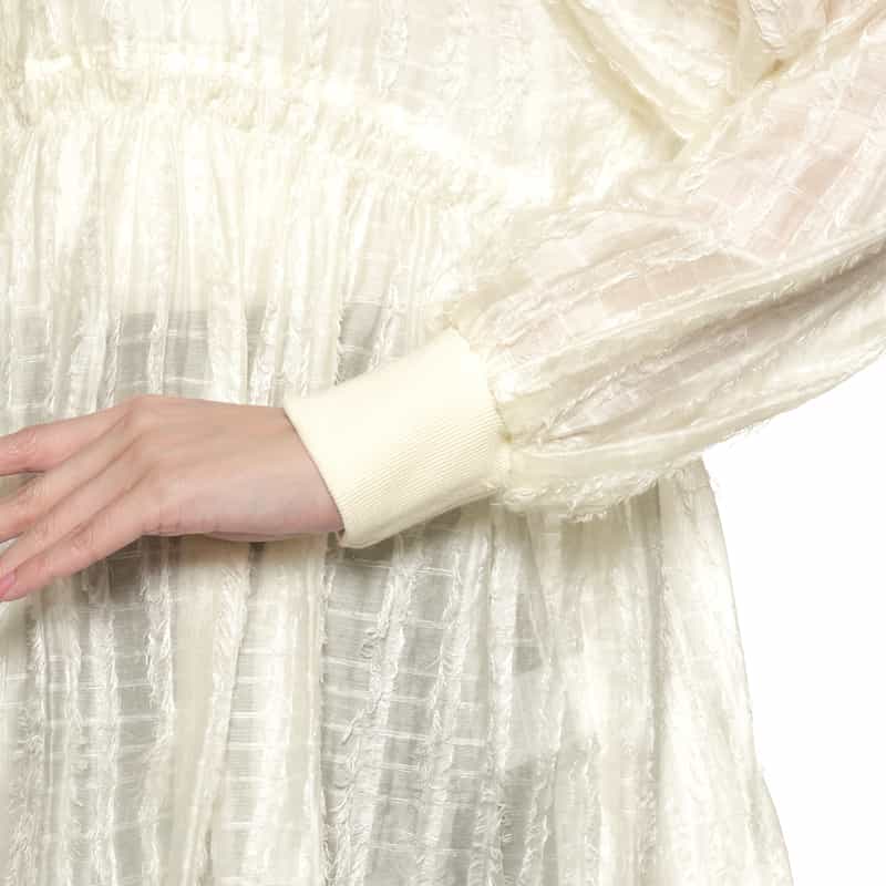 BARNEYS NEW YORK ウォッシャブル フレアシャギー素材ギャザーブラウス WHITE