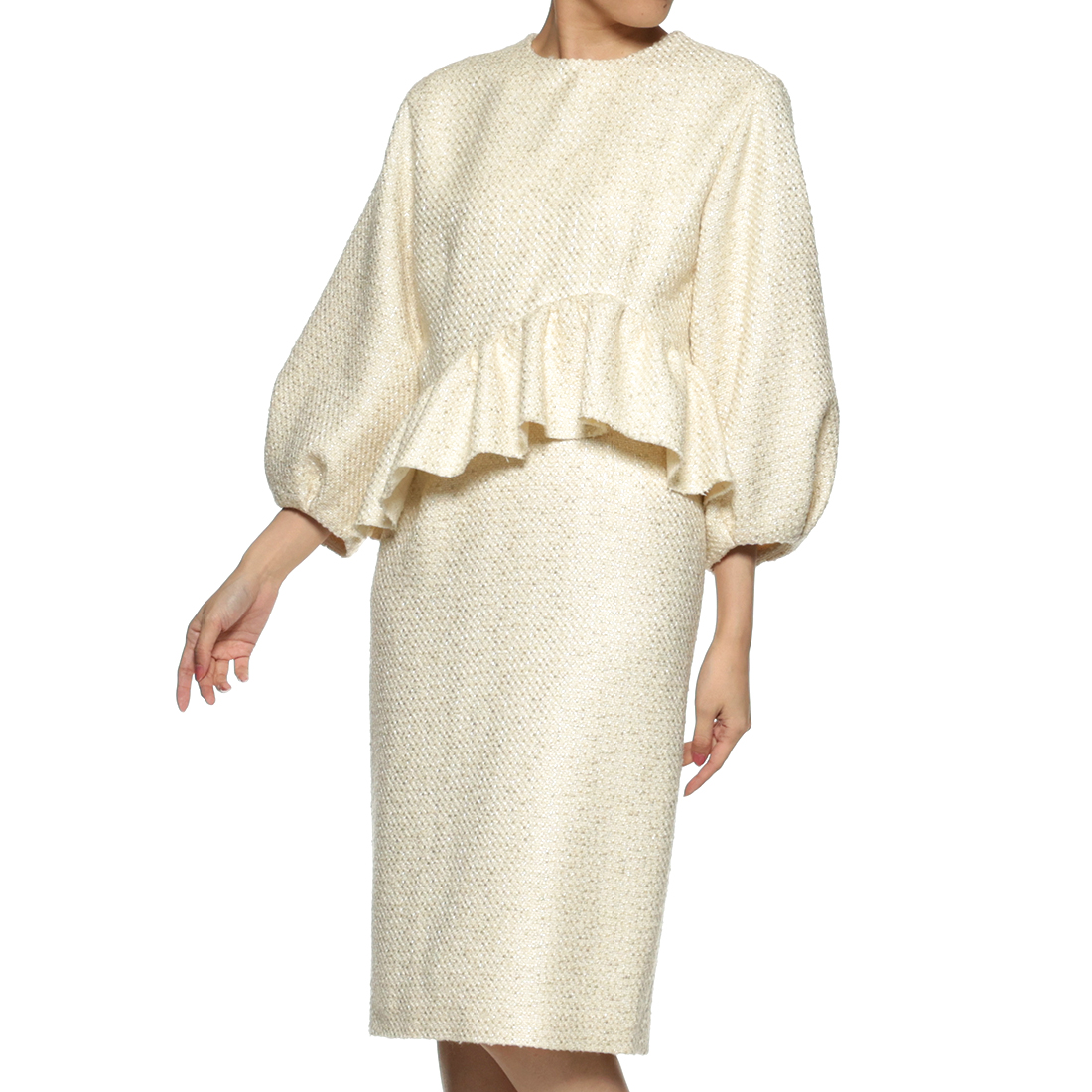 ツイード素材アシンメトリーフリルヘムドレス