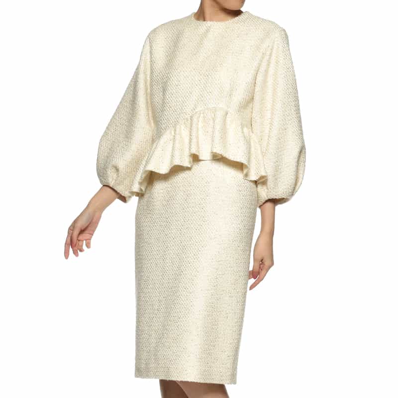 BARNEYS NEW YORK ツイード素材アシンメトリーフリルヘムドレス WHITE