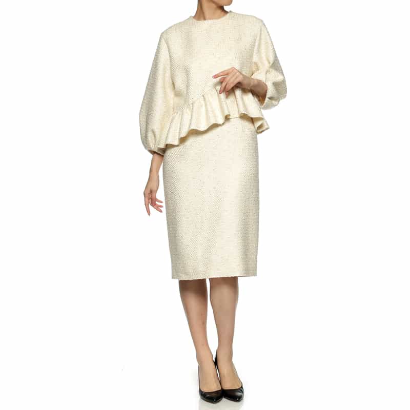 BARNEYS NEW YORK ツイード素材アシンメトリーフリルヘムドレス WHITE