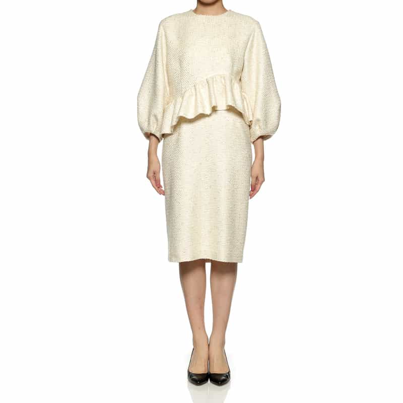 BARNEYS NEW YORK ツイード素材アシンメトリーフリルヘムドレス WHITE