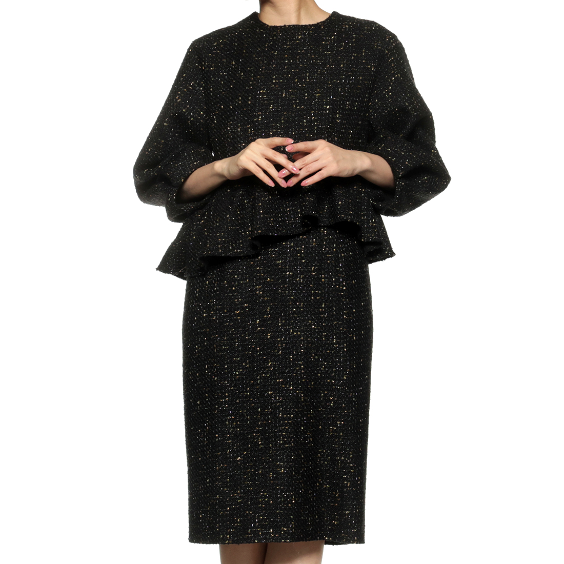 ツイード素材アシンメトリーフリルヘムドレス