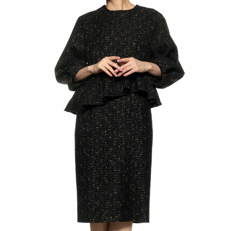 BARNEYS NEW YORK ツイード素材アシンメトリーフリルヘムドレス BLACK