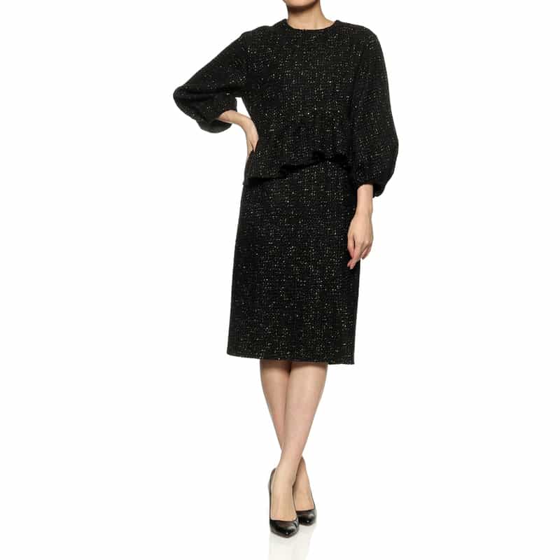 BARNEYS NEW YORK ツイード素材アシンメトリーフリルヘムドレス BLACK