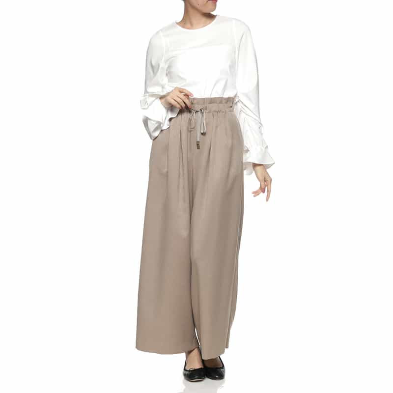 BARNEYS NEW YORK ウォッシャブル ピンストライプ柄ドローストリングワイドパンツ BROWN