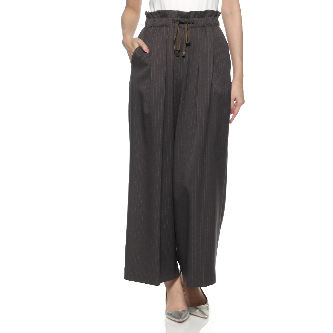 ウォッシャブル ピンストライプ柄ドローストリングワイドパンツ