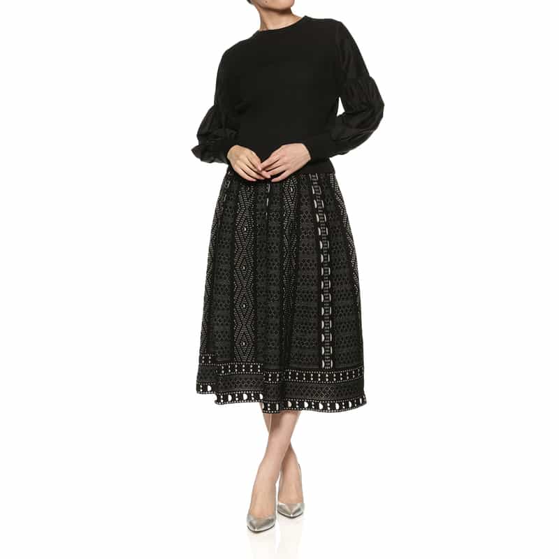 BARNEYS NEW YORK ジャガード柄ニットフレアスカート BLACK