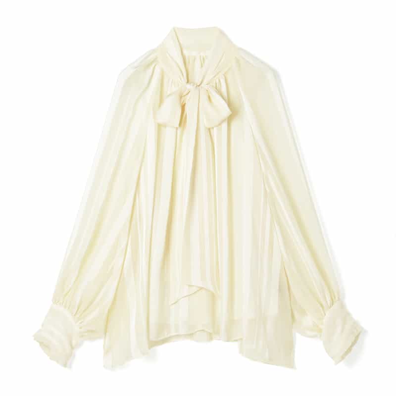 BARNEYS NEW YORK ウォッシャブル シアー素材 ランダムストライプ柄ボウタイブラウス （インナーキャミソール付き） IVORY