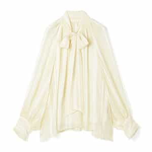 ウォッシャブル シアー素材 ランダムストライプ柄ボウタイブラウス （インナーキャミソール付き）