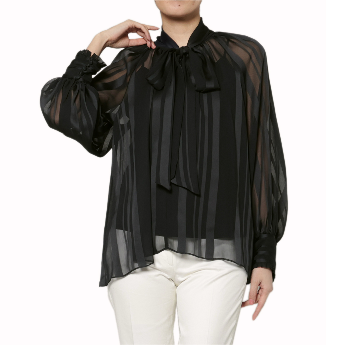 ウォッシャブル シアー素材 ランダムストライプ柄ボウタイブラウス （インナーキャミソール付き）