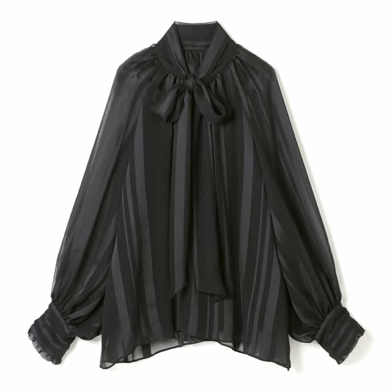 BARNEYS NEW YORK ウォッシャブル シアー素材 ランダムストライプ柄ボウタイブラウス （インナーキャミソール付き） BLACK