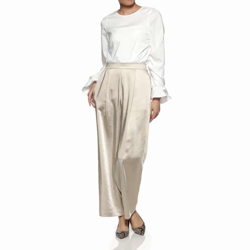 BARNEYS NEW YORK シャイニー タックワイドパンツ GRAY BEIGE