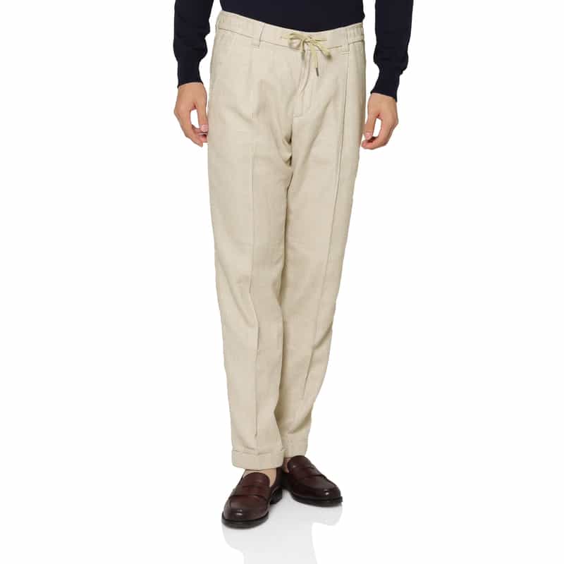 BARNEYS NEW YORK コットン×リネン素材 ヘリンボーン柄ストレッチパンツ BEIGE