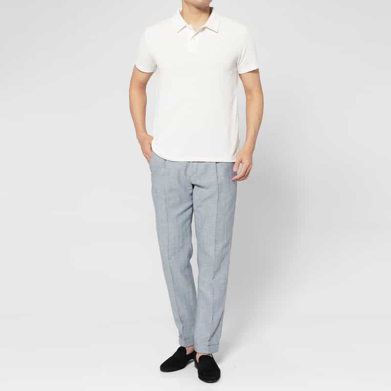 BARNEYS NEW YORK コットン×リネン素材 ヘリンボーン柄ストレッチパンツ BLUE