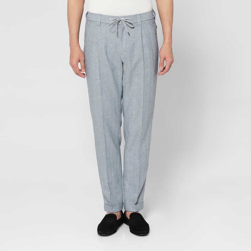 BARNEYS NEW YORK コットン×リネン素材 ヘリンボーン柄ストレッチパンツ BLUE