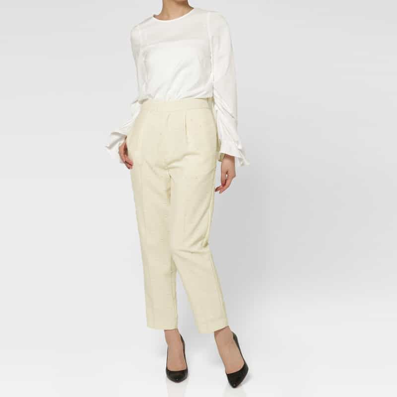 BARNEYS NEW YORK ウォッシャブル ドットフロッキー柄テーパードパンツ IVORY